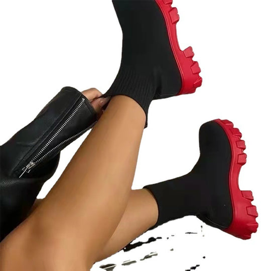 Damen Sock-Ankle-Boots mit grobem Offroad-Profil und elastischem Strickschaft EB
