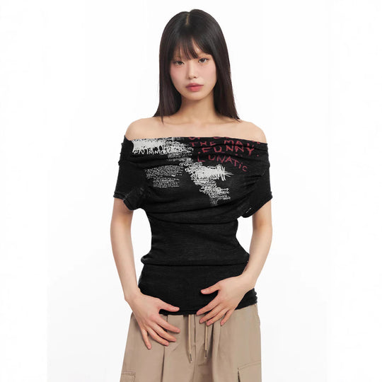 Damen Off-Shoulder Shirt mit grafischem Druck EB