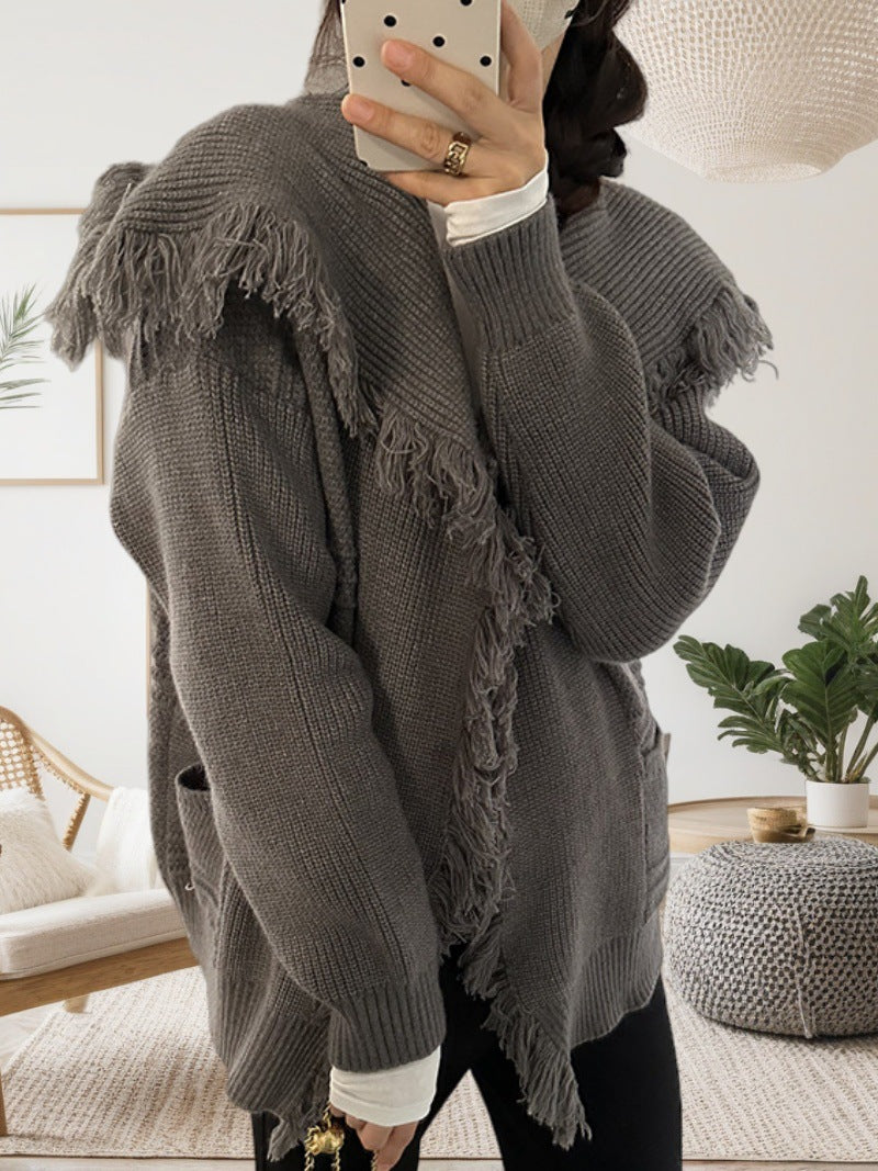 Damen lässiger Strickcardigan mit fransiger Detailverarbeitung EB