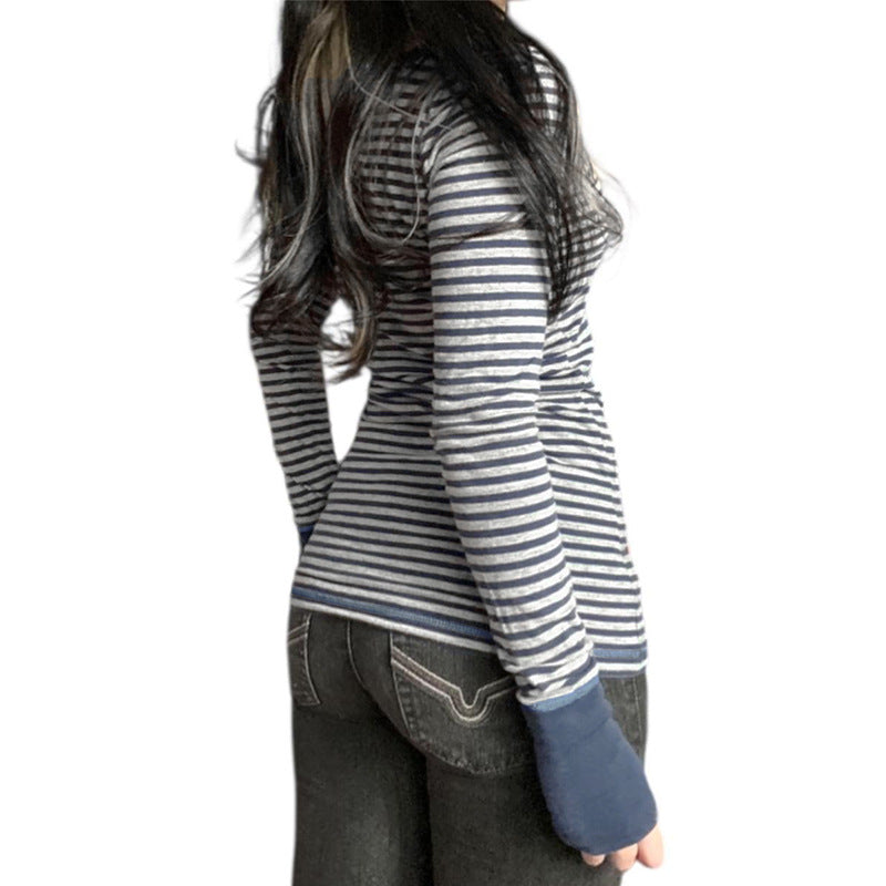 Damen nan gestreiftes V‑Ausschnitt Longsleeve mit taillierter Silhouette und verlängerten Bündchen EB