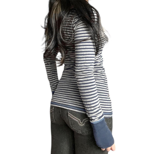 Damen nan gestreiftes V‑Ausschnitt Longsleeve mit taillierter Silhouette und verlängerten Bündchen EB