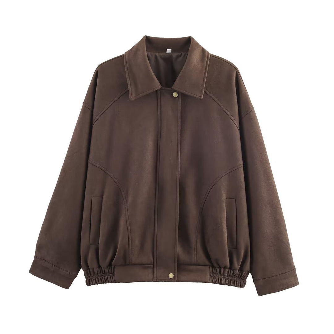 Damen nan oversized Velours-Bomberjacke mit Hemdkragen, verdeckter Druckknopfleiste und elastischem Saum EB