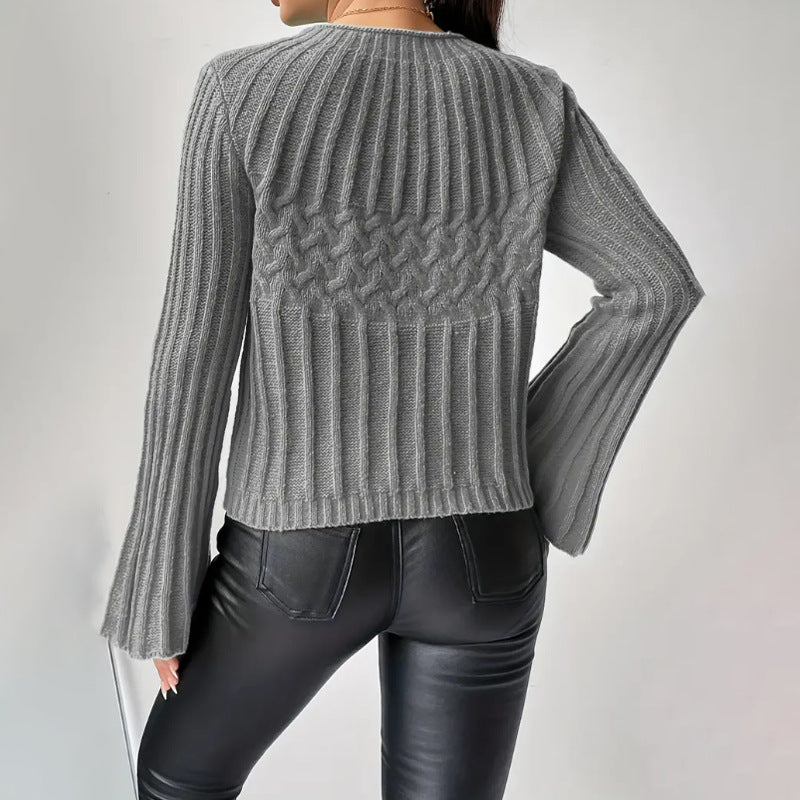 Damen Strickpullover mit weitem Ärmel und Zopfmuster EB