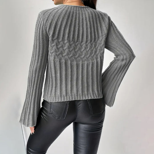 Damen Strickpullover mit weitem Ärmel und Zopfmuster EB