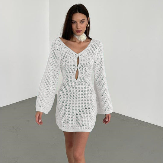 Damen elegantes Häkelkleid mit tiefem Ausschnitt EB