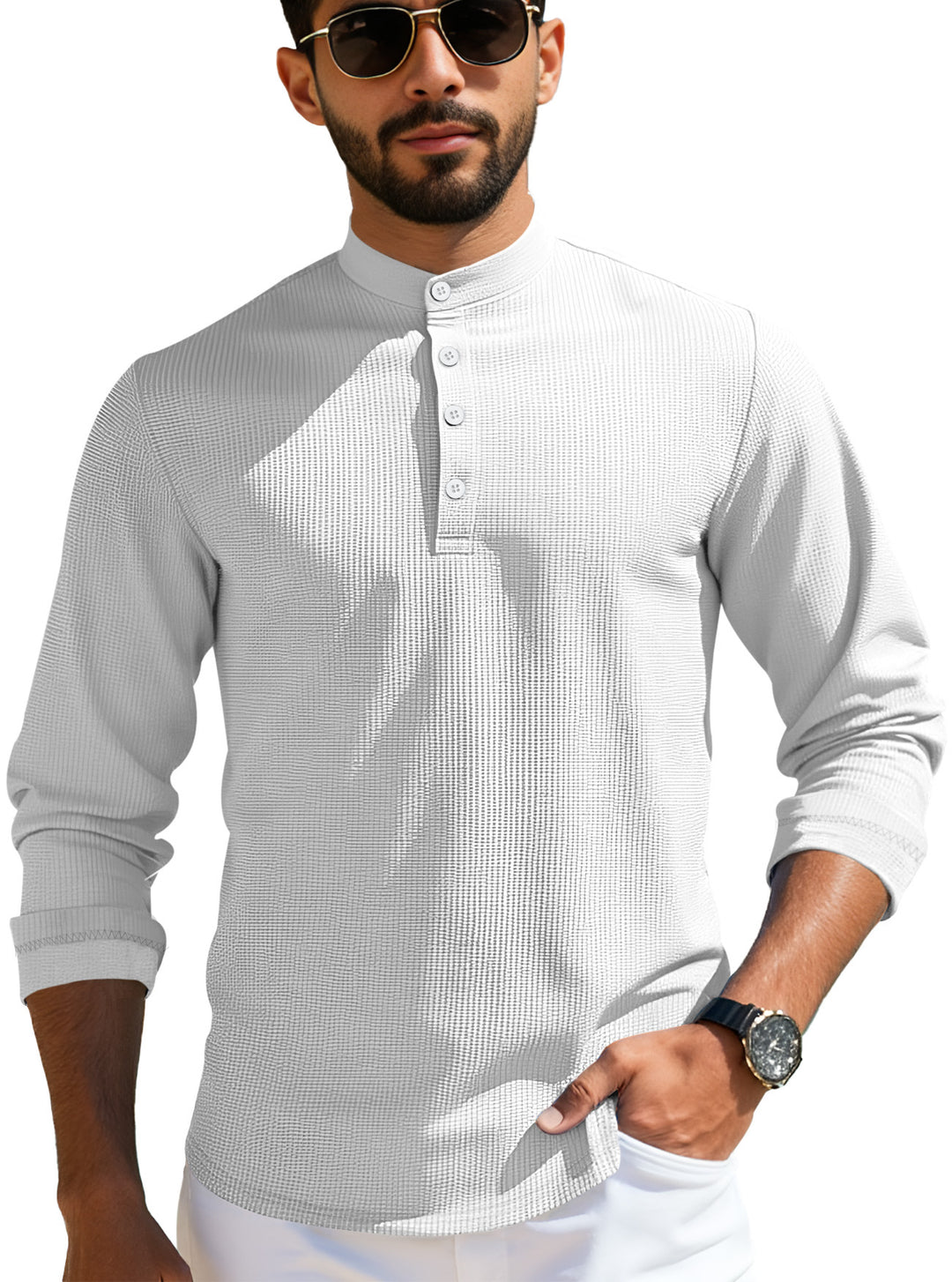 Herren nan strukturiertes Langarm-Henley mit Nehru-Kragen und Ton-in-Ton-Knopfleiste EB
