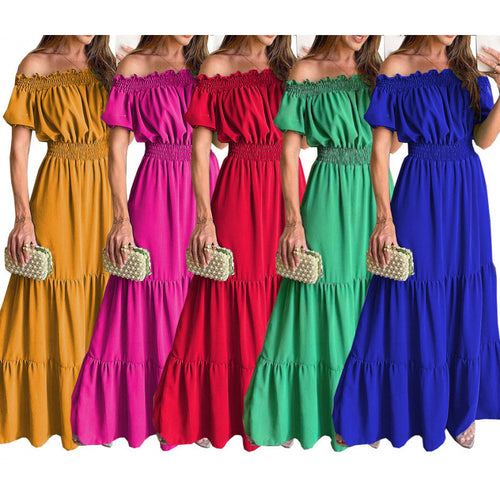 Damen Maxikleid mit schulterfreiem Design und voluminösen Rüschendetails EB