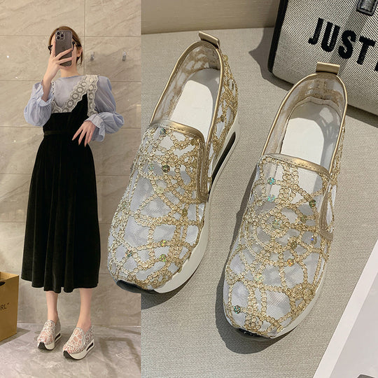 Damen Glamouröse Slip-On Sneakers mit funkelndem Material und bequemer Sohle EB