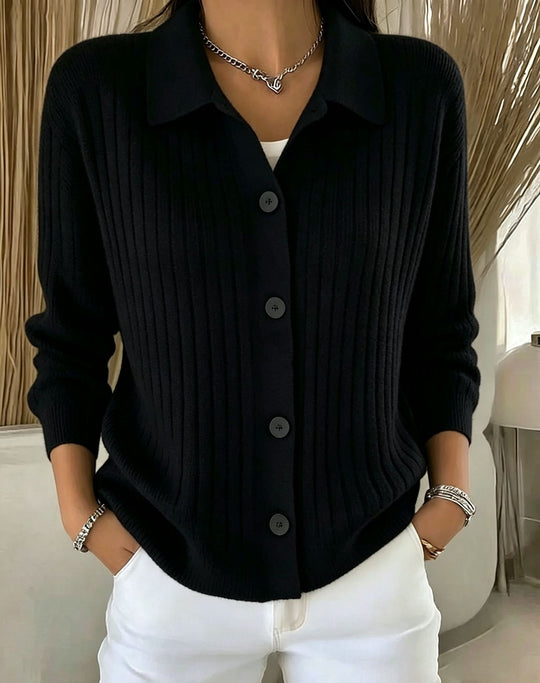 Damen Feiner gerippter Knopf‑Cardigan mit Hemdkragen und kastiger Silhouette EB
