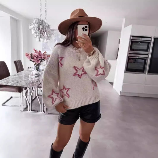 Damen Strickpullover mit Sternen-Design und weit ausgestellten Ärmeln EB