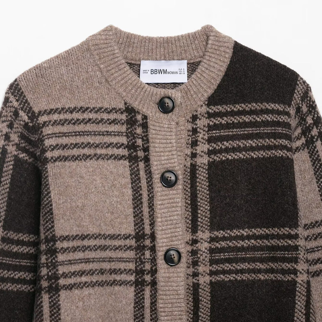 Damen lässige Karostrickjacke mit Knopfverschluss EB