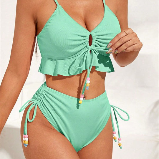 Damen Zweiteiliges Bikiniset mit gerafftem Oberteil und dekorativen Zierbändern EB