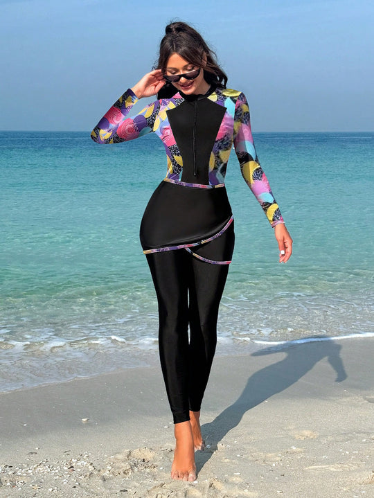 Damen modischer Langarm-Surfsuit mit Wickeldesign EB