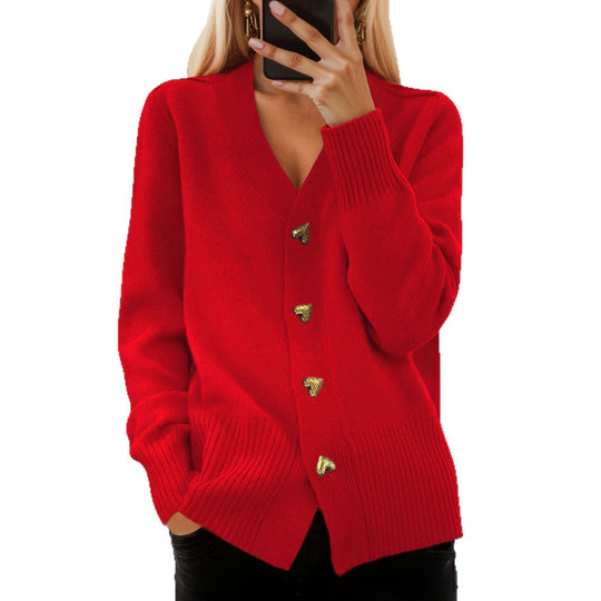 Damen nan lockerer Strickcardigan mit Herzknöpfen und geripptem Saum EB