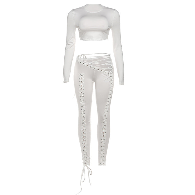 Damen Crop-Top und Hoch geschnittene Leggings mit Schnürdetails EB