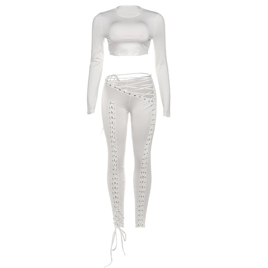 Damen Crop-Top und Hoch geschnittene Leggings mit Schnürdetails EB