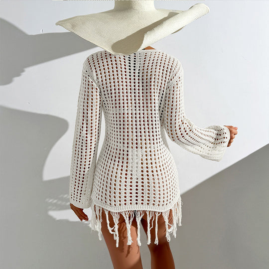 Damen Häkel-Strandüberwurf mit fransigem Saum und dekorativem Netzdesign EB