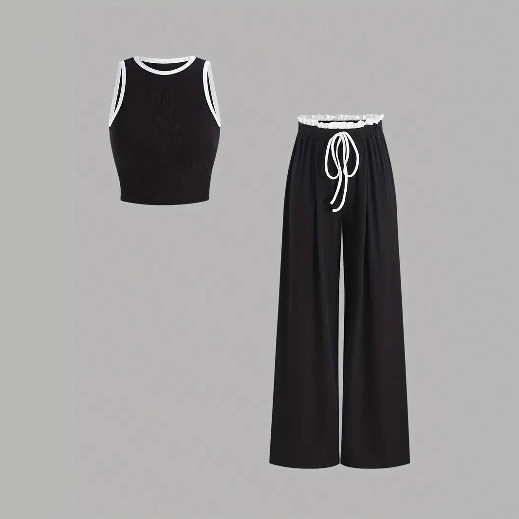 Damen stylishes Sport-Set mit hoch taillierter Weitbein-Hose und sportlichem Bustier EB