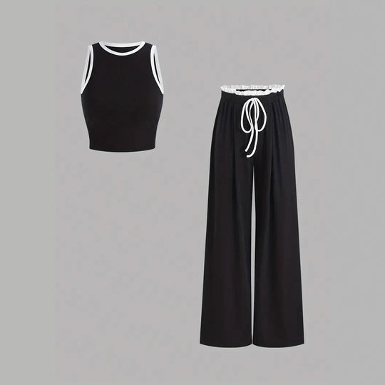 Damen stylishes Sport-Set mit hoch taillierter Weitbein-Hose und sportlichem Bustier EB
