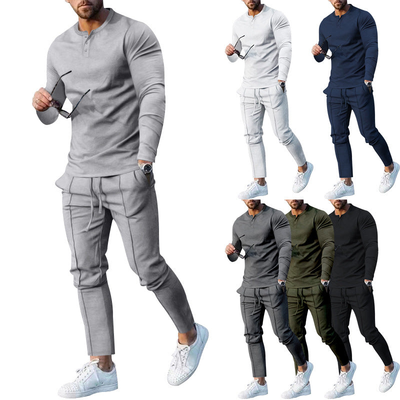 Herren athletisches Freizeit-Ensemble mit langärmligem Henley-Oberteil und bequemen Jogginghosen EB