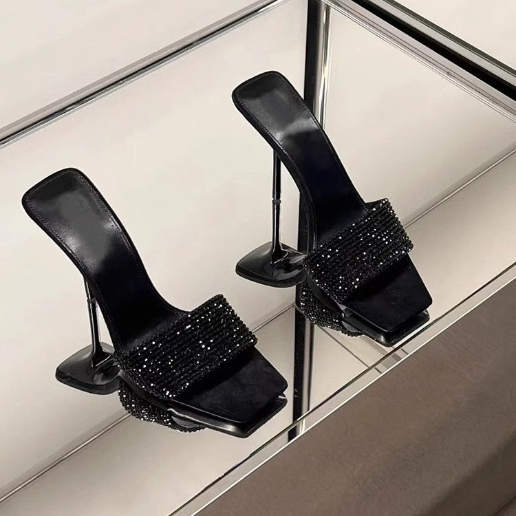 Damen glamouröse High Heel Mules mit funkelnden Strassdetails EB