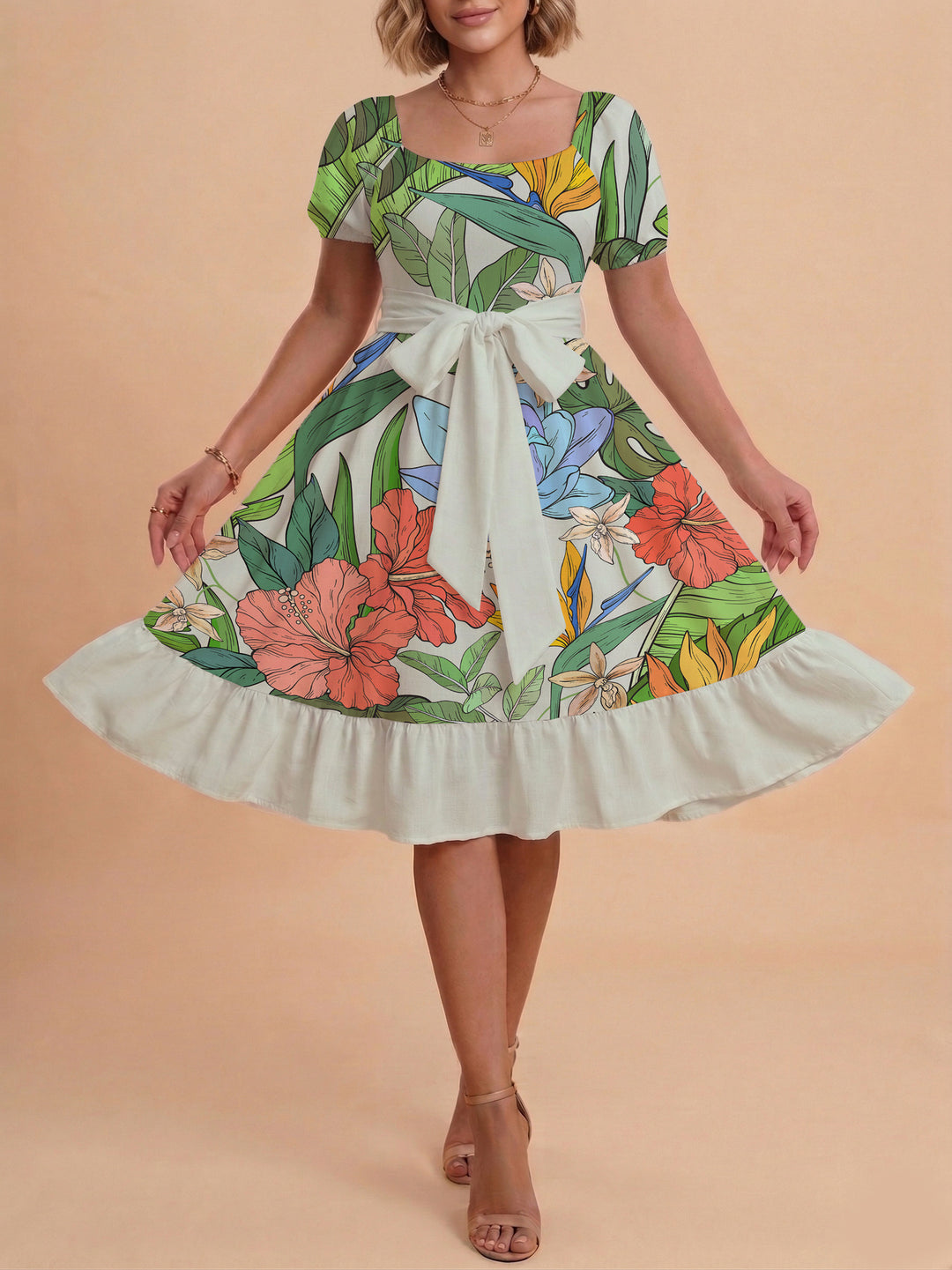 Damen A-Linien-Kleid mit floralen Motiven und taillierbarem Gürtel EB