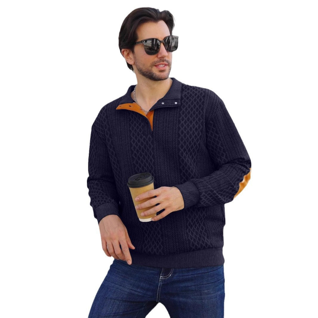 Herren nan strukturierter Henley-Pullover mit Stehkragen, Knopfleiste und Lederoptik-Ellbogenbesatz EB