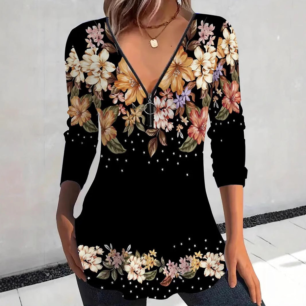 Damen Langarmshirt mit Reißverschluss und floralem Muster EB