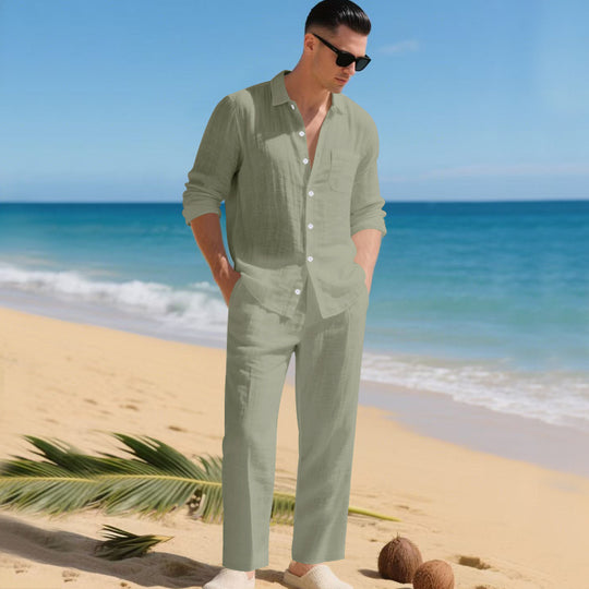 Herren leichtes Leinen-Outfit mit stilvollem Hemd und eleganter Hose EB