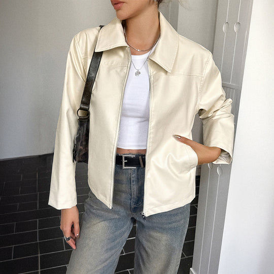 Damen nan elegante Kunstlederjacke mit Reißverschluss, Hemdkragen und Eingrifftaschen EB