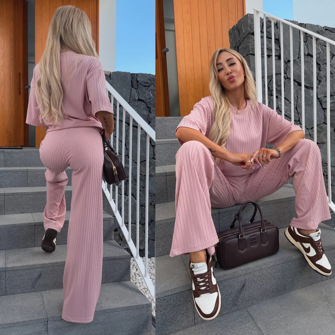 Damen Feines Rippstrick‑Zweiteiler mit Relaxed‑Crewneck und ausgestellter Palazzo‑Hose EB