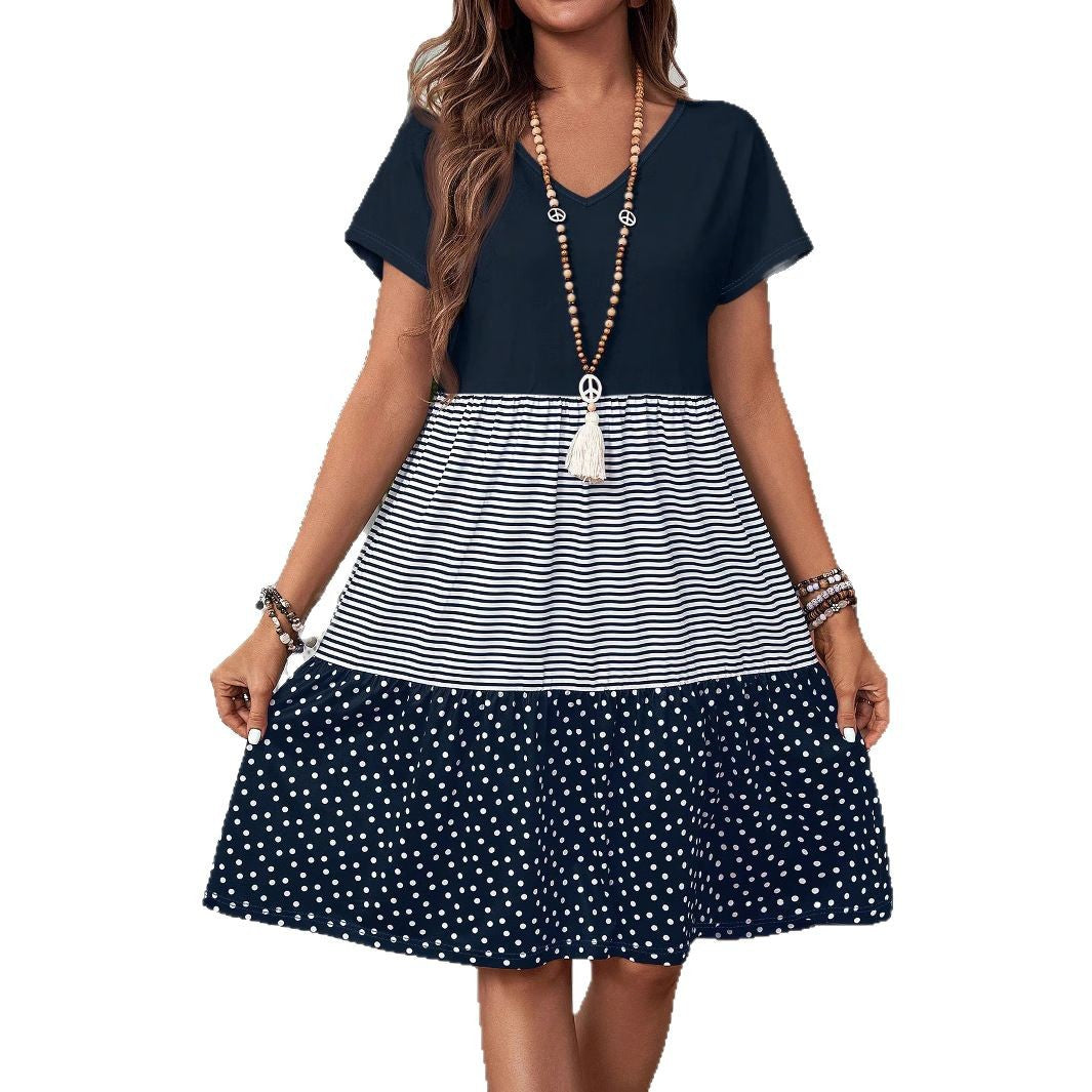 Damen Freizeitkleid mit V-Ausschnitt und modischen Musterkombinationen EB