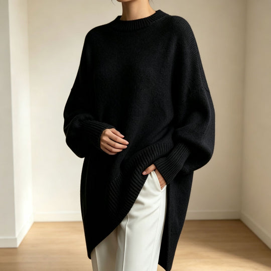 Damen Oversize Longline Feinstrick-Pullover mit Raglanärmeln und geripptem Saum EB