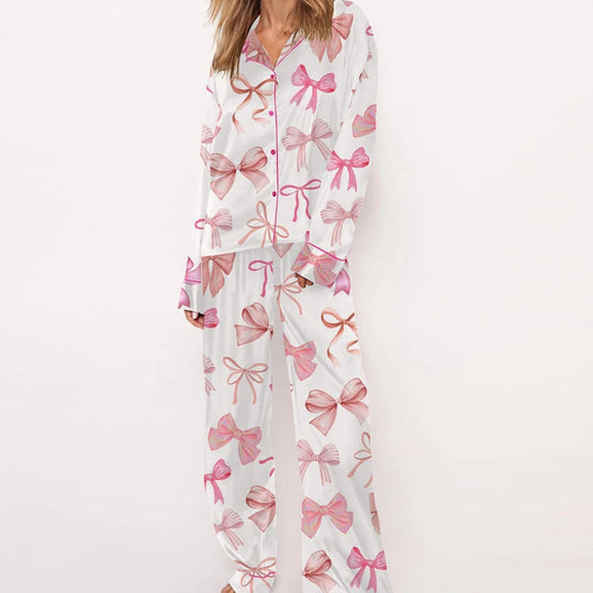 Damen Satin Pyjama-Set mit verspieltem Schleifenmuster EB