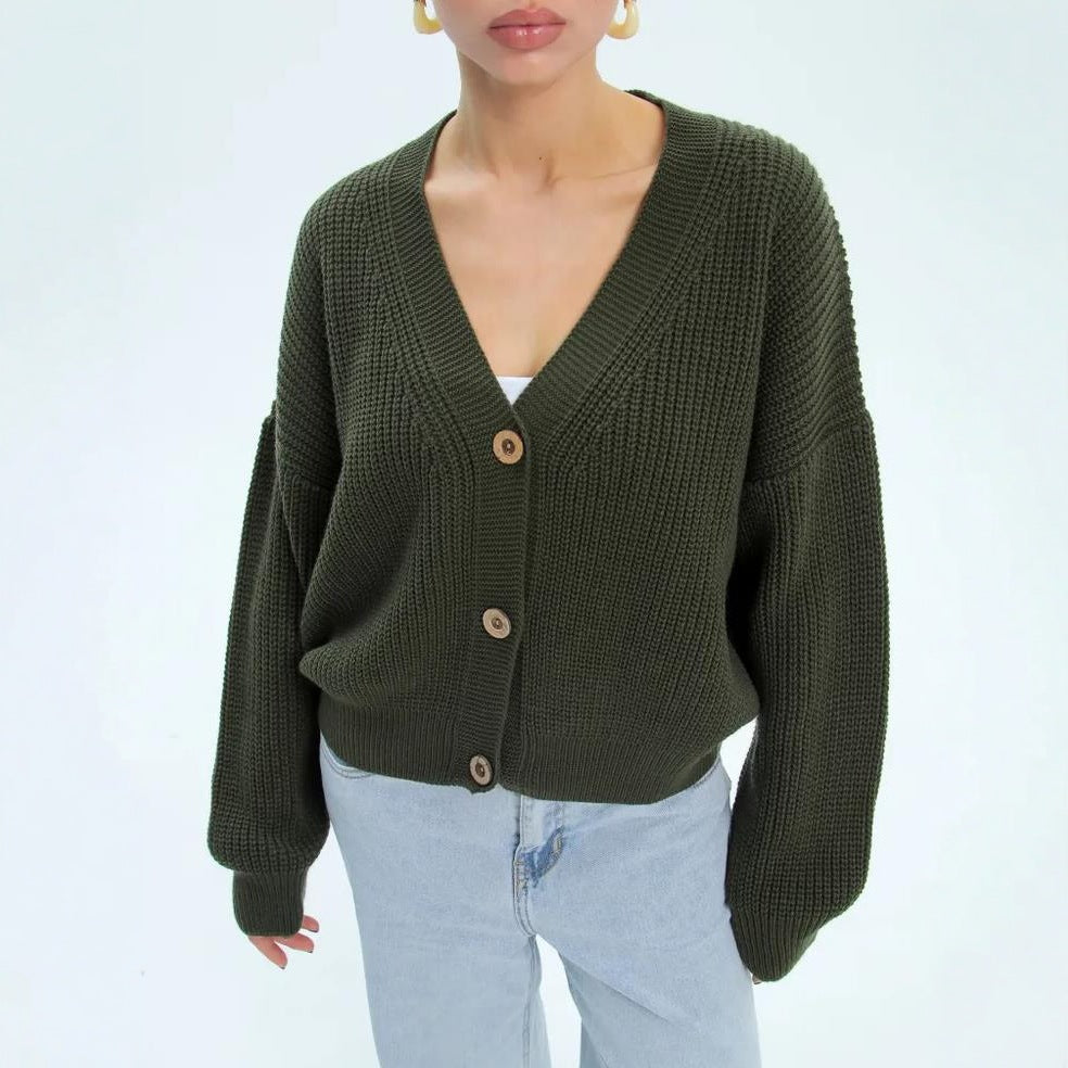 Damen lässiger Strickjacke mit voluminösen Ärmeln und modernen Knopfdetails EB