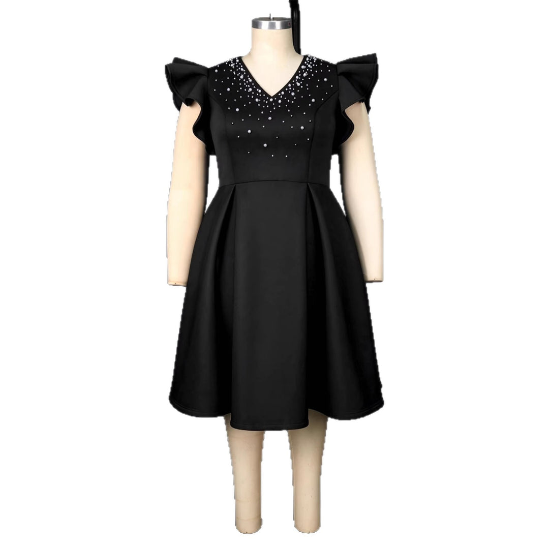 Damen A-Linien Kleid mit glitzernden Perlen und voluminösen Ärmeln EB