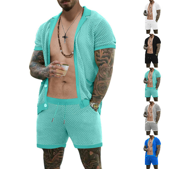 Herren nan offener Netzstrick-Cardigan mit passenden Kordelzug-Shorts EB