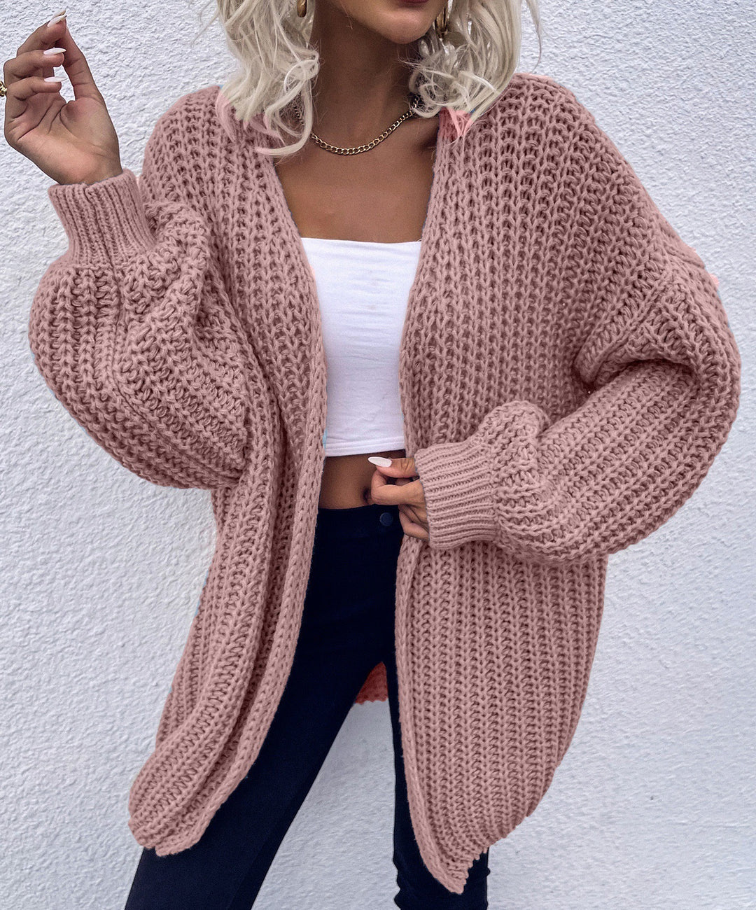 Damen lässiger Grobstrick-Cardigan mit tiefen Taschen und voluminösen Ärmeln EB