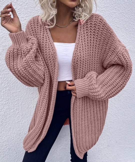 Damen lässiger Grobstrick-Cardigan mit tiefen Taschen und voluminösen Ärmeln EB