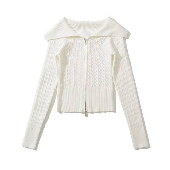 Damen modische Strickjacke mit weitem Kragen und Reißverschluss EB