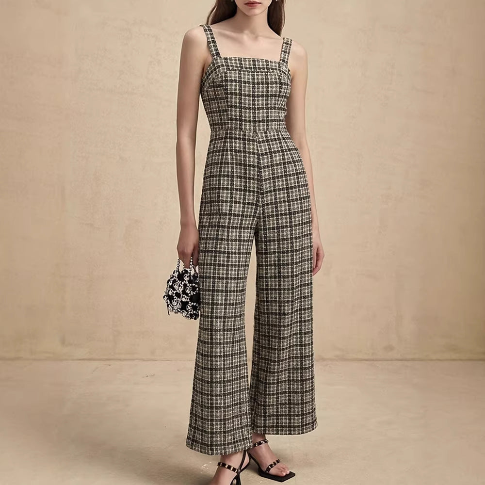 Damen Jumpsuit mit weiten Hosenbeinen und feinem Karomuster EB