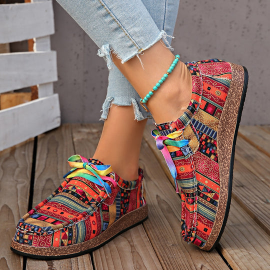 Damen Freizeitschuhe mit buntem Textilmuster und bequemer Gummisohle EB
