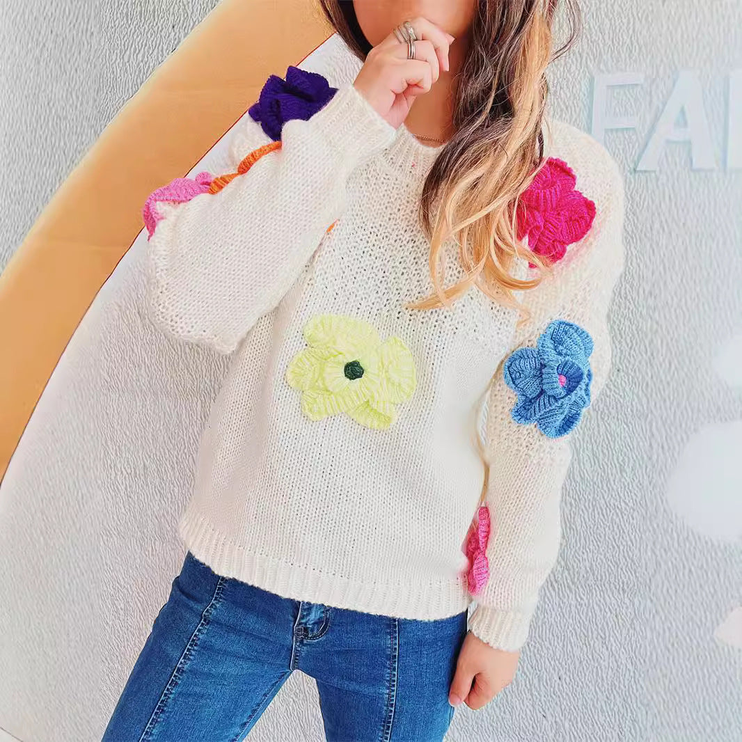 Damen kuscheliger Strickpullover mit floralem 3D-Motiv EB