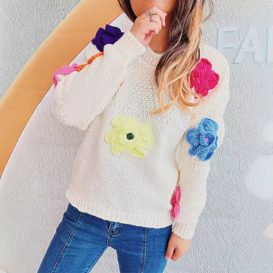 Damen kuscheliger Strickpullover mit floralem 3D-Motiv EB