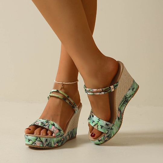 Damen Wedge-Pantoletten mit floralem Design und raffiniertem Riemen EB