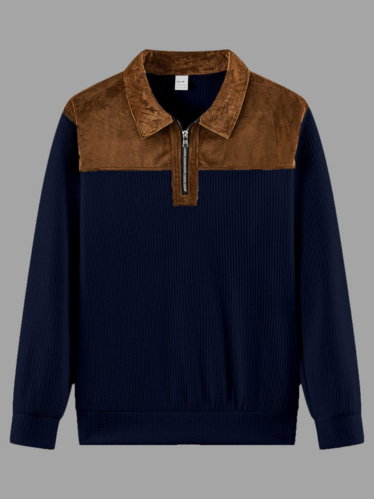 Unisex nan feinstrukturierter Strickpullover mit halbem Reißverschlusskragen und Samtbesatz EB