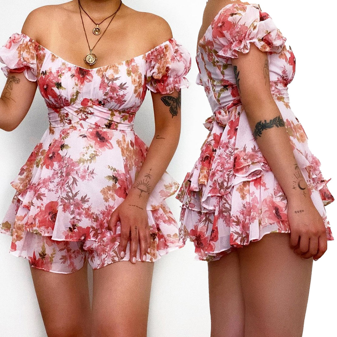 Damen Kurzarm Overall mit romantischem Blumenmuster und fließendem Schnitt EB