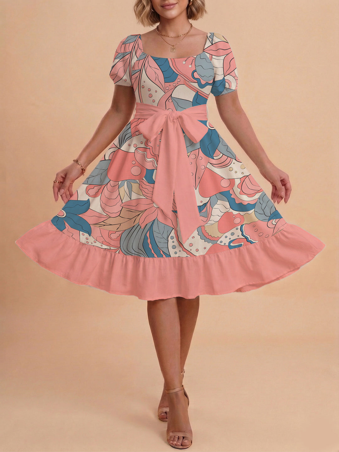 Damen elegantes Maxikleid mit floralem Design und Taillengürtel EB