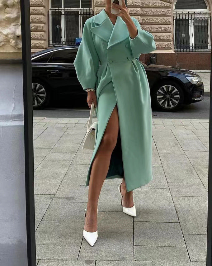 Damen nan taillierter Doppelreihiger Trenchcoat mit weitem Ärmel und hohem Beinschlitz EB