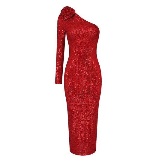 Damen Glamouröses Abendkleid mit einseitigem Schulterdesign und Paillettenbesatz EB